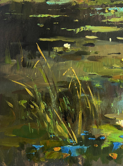 Impressionistic oil painting Quiet fishing by Yuriy Suprunchuk with reeds and lilies