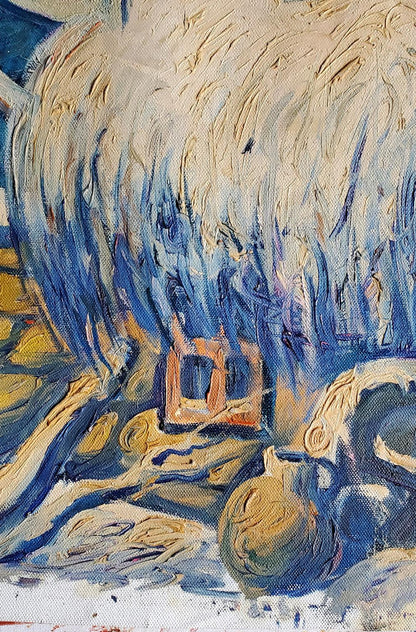 Oil painting Winter in the village by Daniil Litvinov with blue yellow swirls