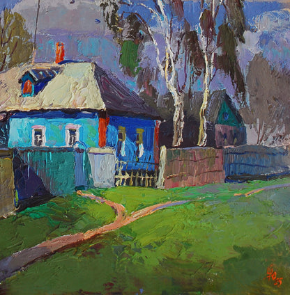 Oil painting Spring in the city of Divination by Egor Shvachunov: vibrant blue house