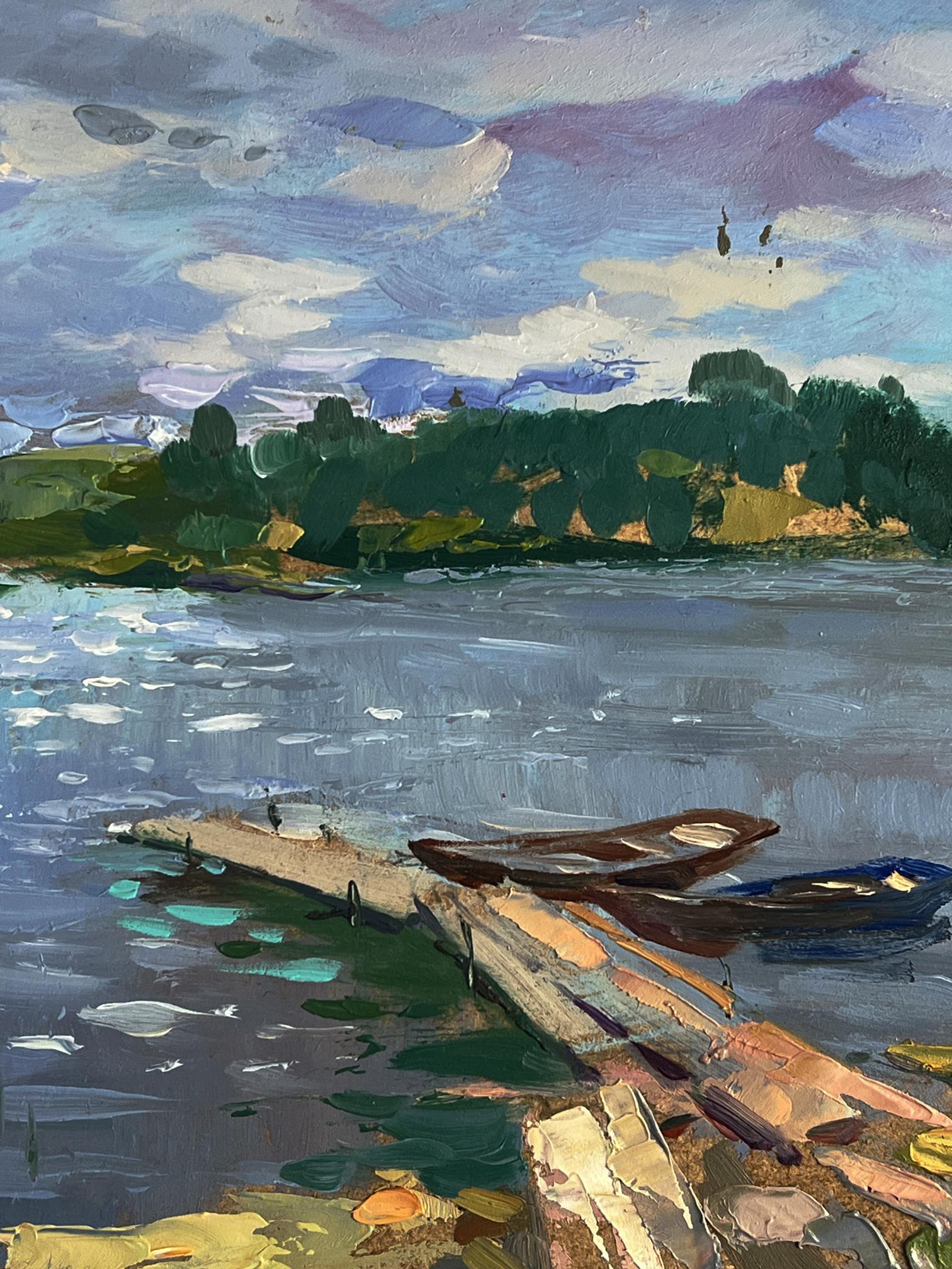 Oil painting of rustic dock with boats on river by Yuriy Suprunchuk