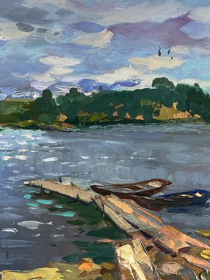 Oil painting of rustic dock with boats on river by Yuriy Suprunchuk