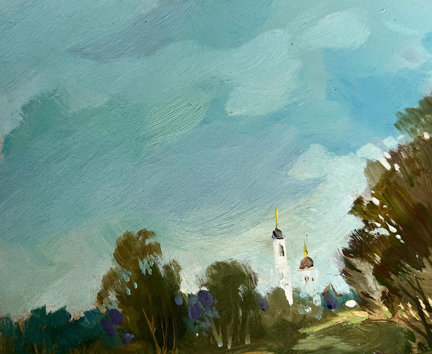 Serene oil painting by Yuriy Suprunchuk: white church with golden domes above village lake
