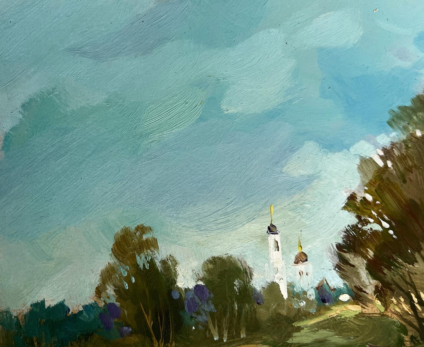 Serene oil painting by Yuriy Suprunchuk: white church with golden domes above village lake