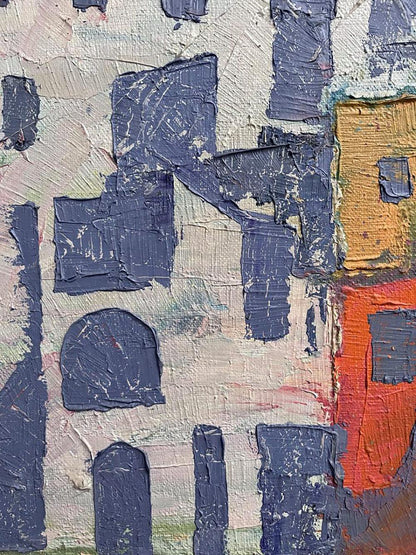 Oil painting Spots by Serhiy Kovalev with textured navy, ochre, orange strokes