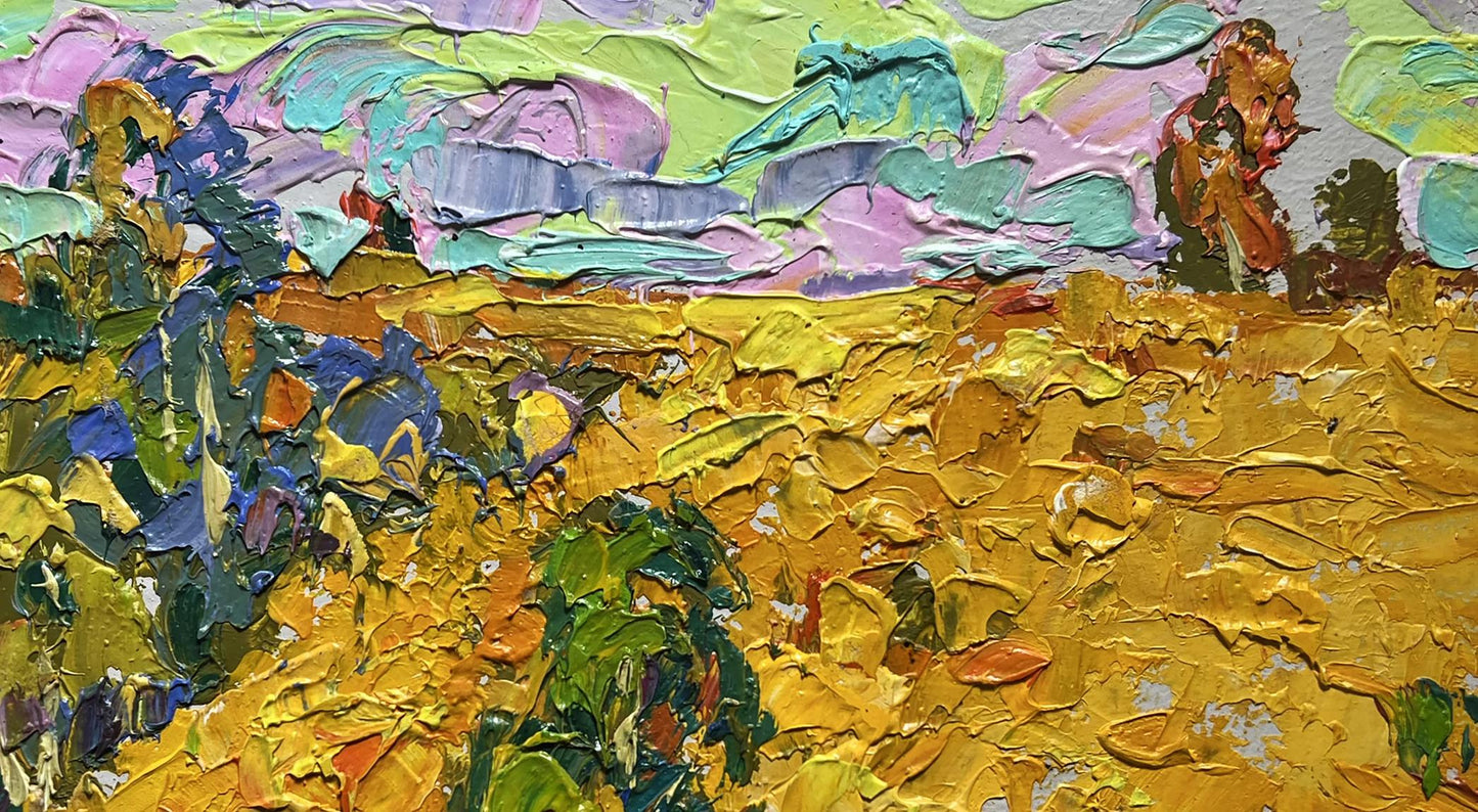Vibrant impressionist oil painting Golden field among trees by Oleksiy Ivanyuk