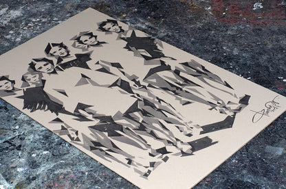 Futurist Walk by Dima Filatov: angular black white portrait on beige canvas