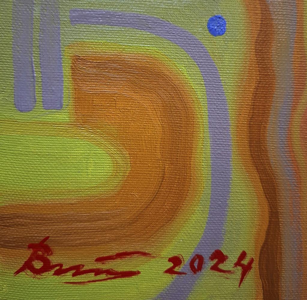 Abstract oil painting by Sergiy Voichenko with lime green, orange, purple swirls and blue dot