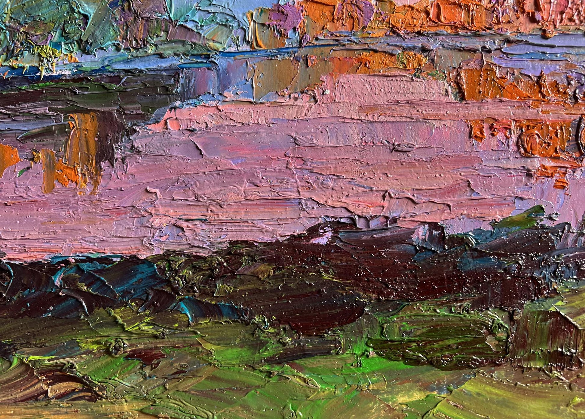 Oil painting Evening on the river by Boris Serdyuk, vibrant textured pink orange green blue
