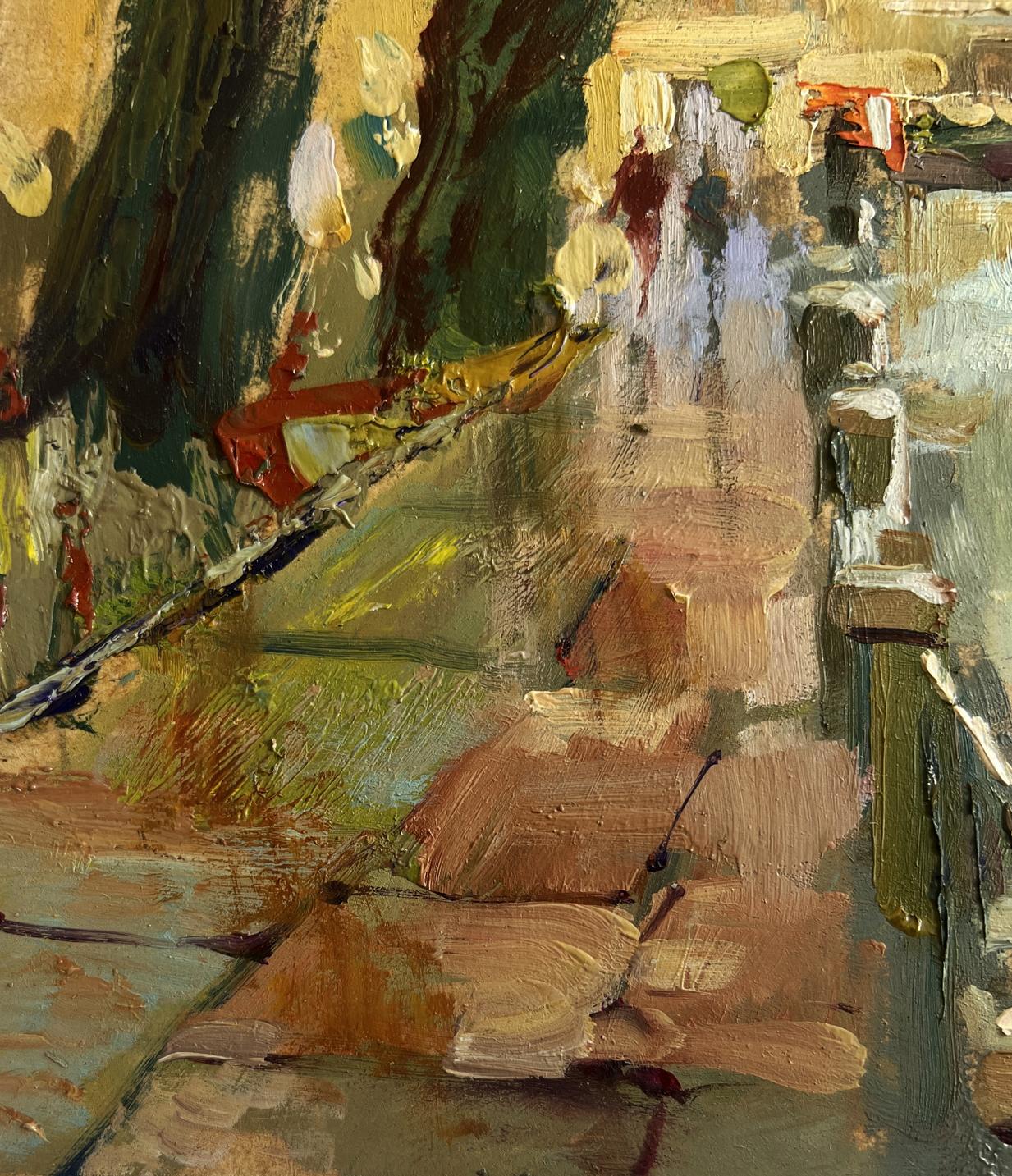 Impressionistic oil painting of Yuriy Suprunyuk city alleyway in earthy tones