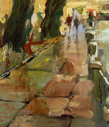 Impressionistic oil painting of Yuriy Suprunyuk city alleyway in earthy tones