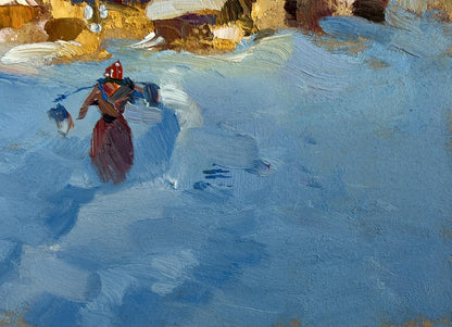 Oil painting Early winter morning by Yuriy Suprunchuk with red figure in snow