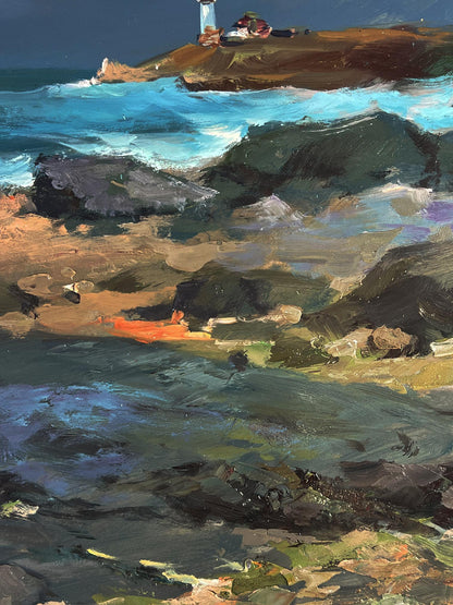 Oil painting of white lighthouse with red roof on rocky cliff by Yuriy Suprunchuk