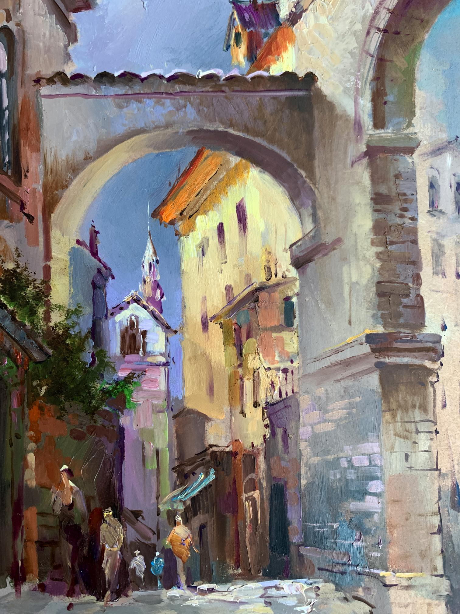 Vibrant oil painting of sunlit European alley by Yuriy Suprunchuk