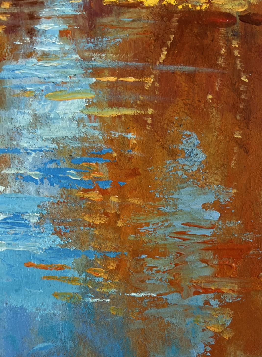 Oil painting Golden reflection of the forest by Yuriy Suprunchuk with blue orange gold textures