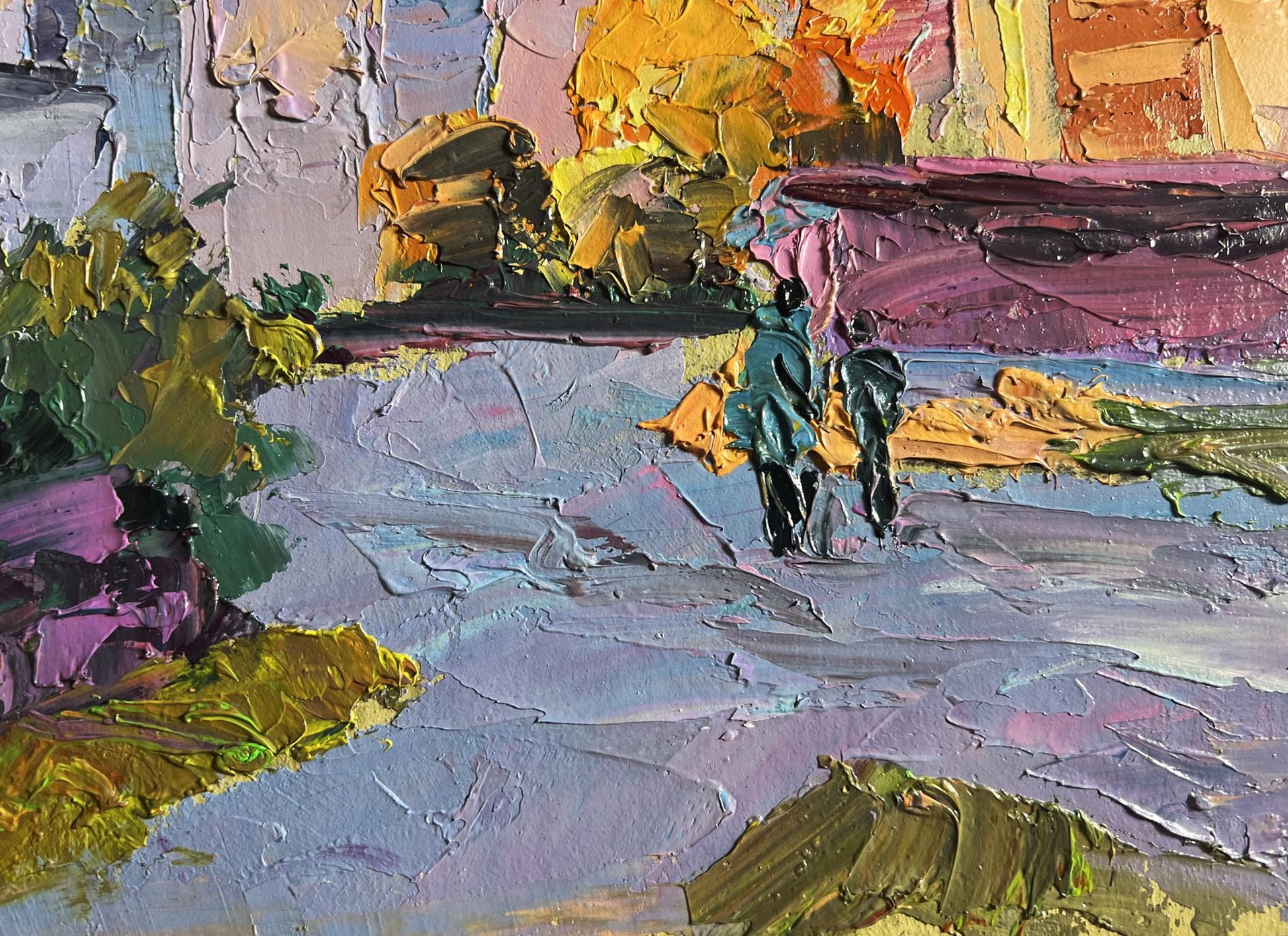 Oil painting Early morning in the city by Boris Serdyuk, impressionistic figures on path