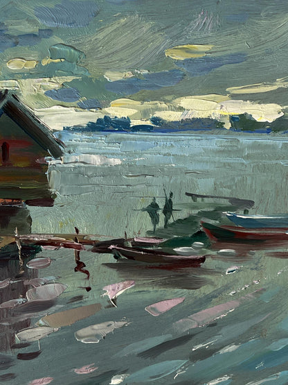Impressionistic oil painting of houses on water by Yuriy Suprunchuk