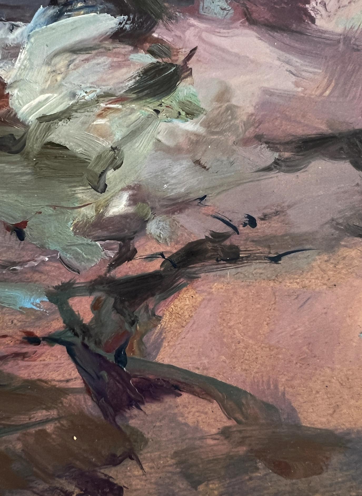 Abstract oil painting of boat on rocky seashore by Yuriy Suprunchuk
