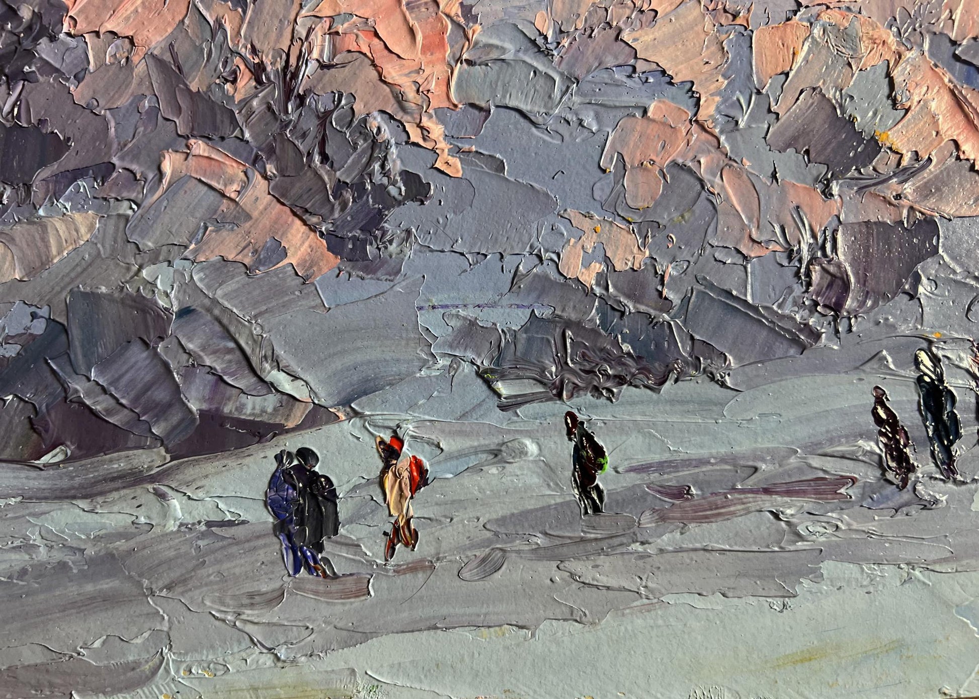 Oil painting by Boris Serdyuk: figures walking frosty rugged landscape