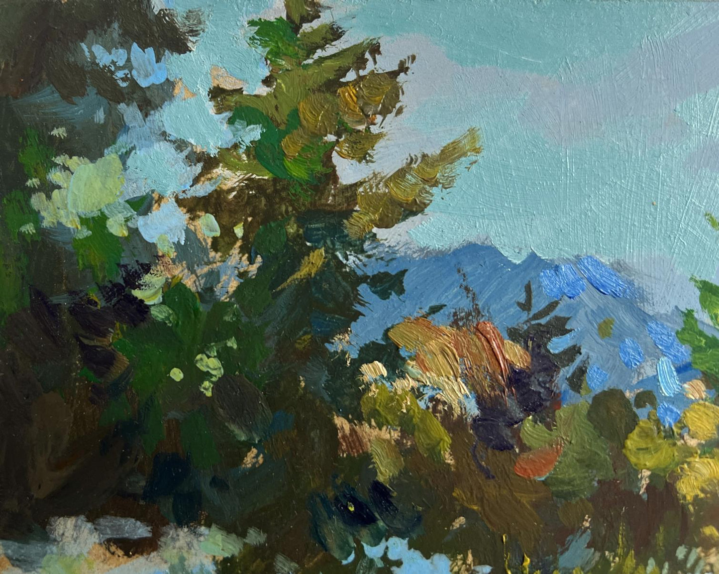 Impressionistic oil painting of snowy pine forest by Yuriy Suprunchuk