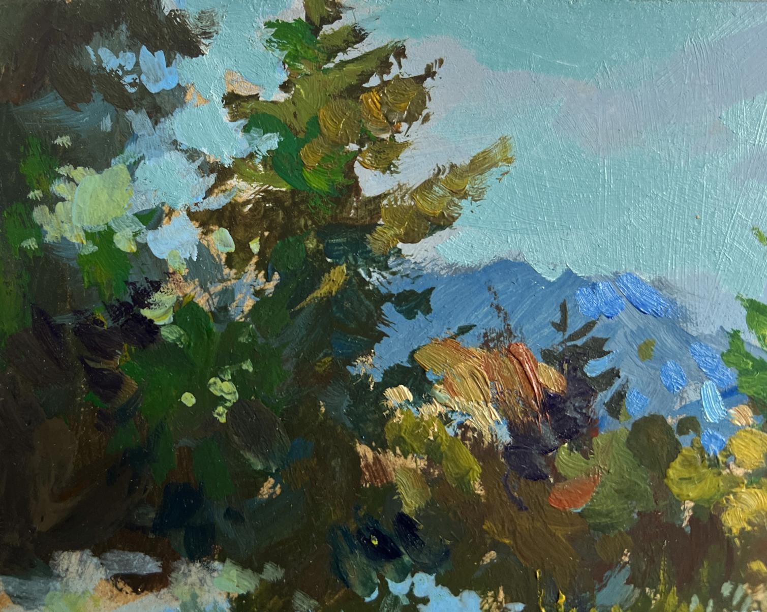 Impressionistic oil painting of snowy pine forest by Yuriy Suprunchuk