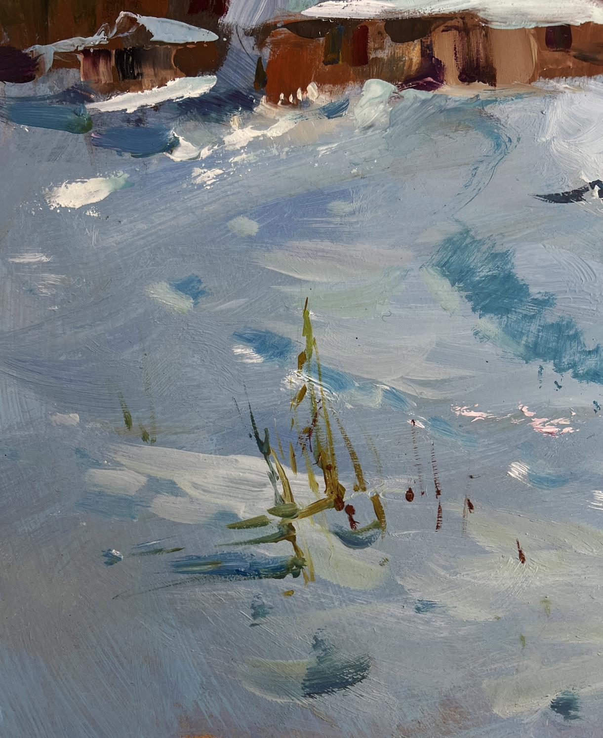 Oil painting Along the Snowy Path by Yuriy Suprunchuk, textured snowy landscape