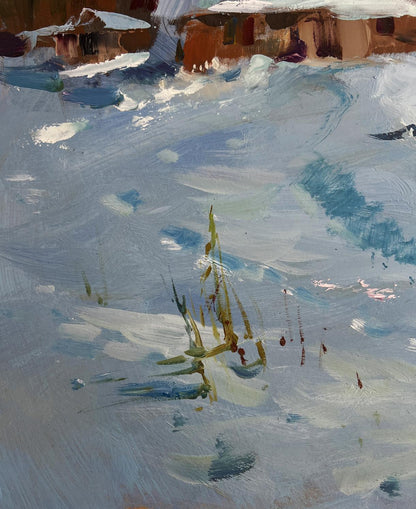 Oil painting Along the Snowy Path by Yuriy Suprunchuk, textured snowy landscape