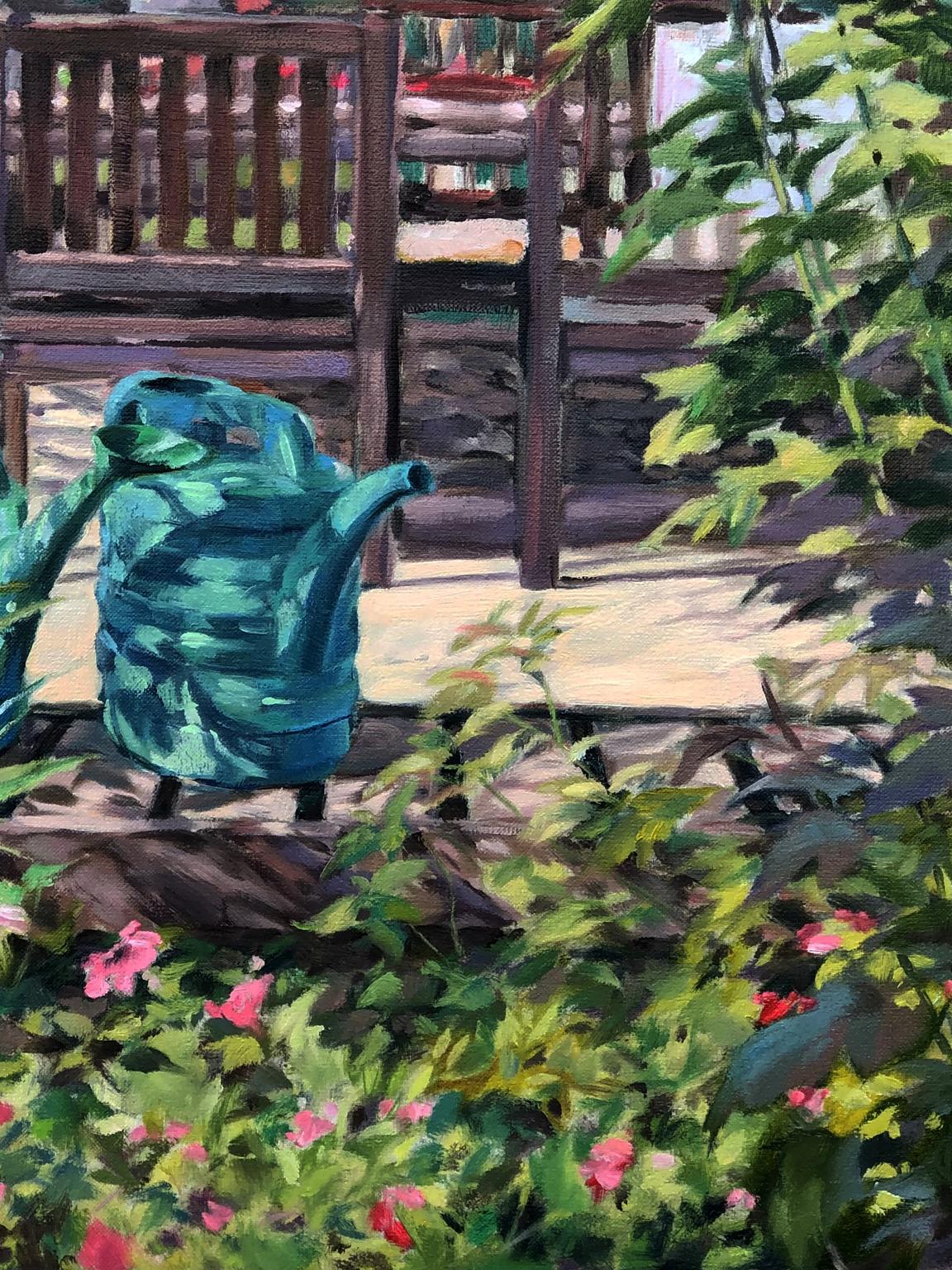 Teal-green ceramic watering can in Oksana Osnach Relaxing in the garden oil painting