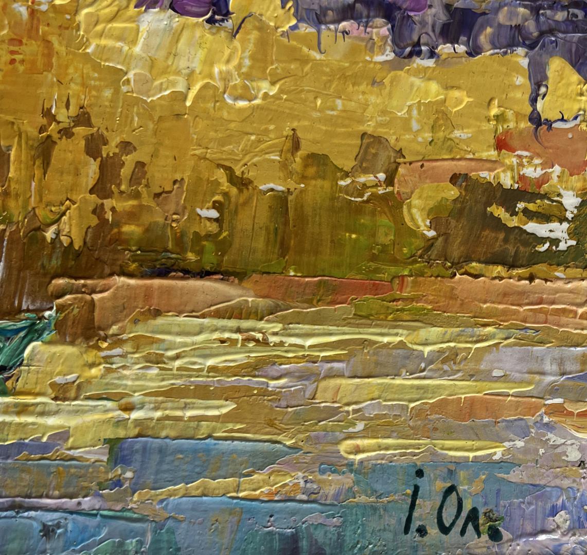 Oil painting On the Autumn Lake by Oleksiy Ivanyuk with golden ochre texture