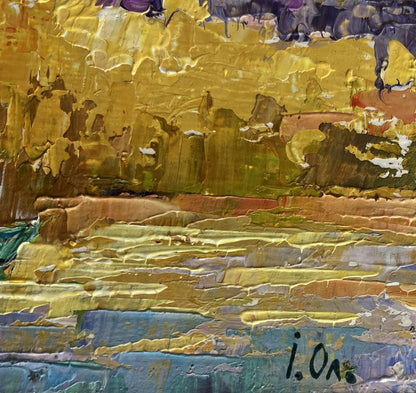 Oil painting On the Autumn Lake by Oleksiy Ivanyuk with golden ochre texture