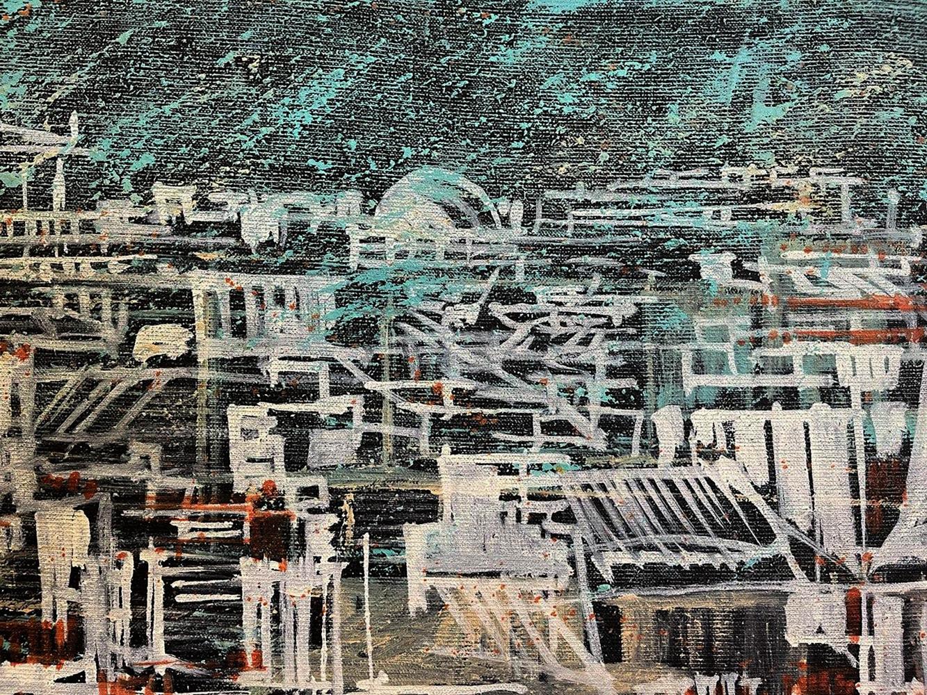 Oil painting Farnes by Serhiy Kovalev with teal, black, white, red strokes