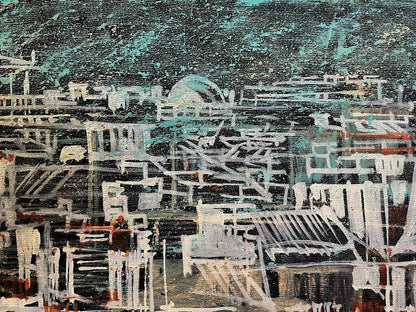 Oil painting Farnes by Serhiy Kovalev with teal, black, white, red strokes