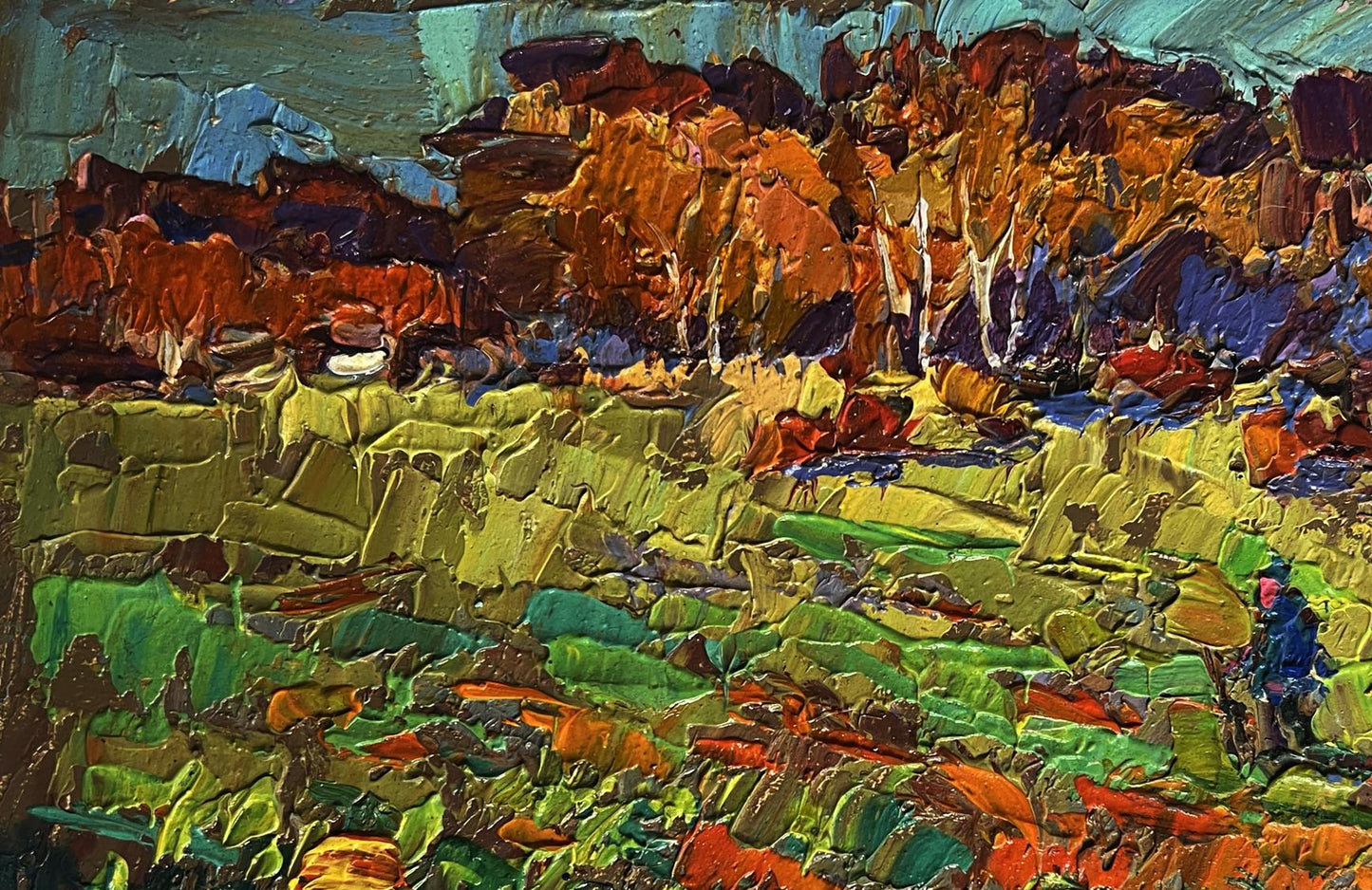 Vibrant impressionist oil painting of pumpkins growing in autumn garden by Oleksiy Ivanyuk