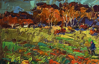 Vibrant impressionist oil painting of pumpkins growing in autumn garden by Oleksiy Ivanyuk