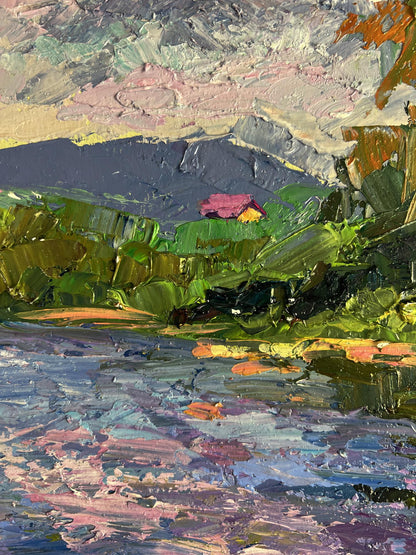 Vibrant impressionist oil painting by Boris Serdyuk of pink house in green hills