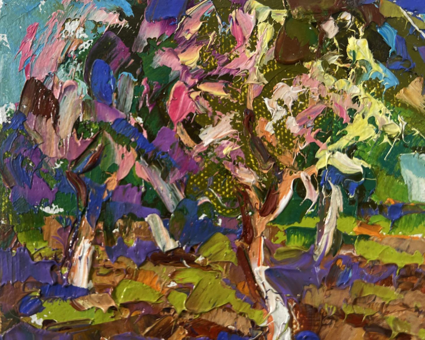 Vibrant impasto oil painting of tree by Oleksiy Ivanyuk, The sky is blue and the spring