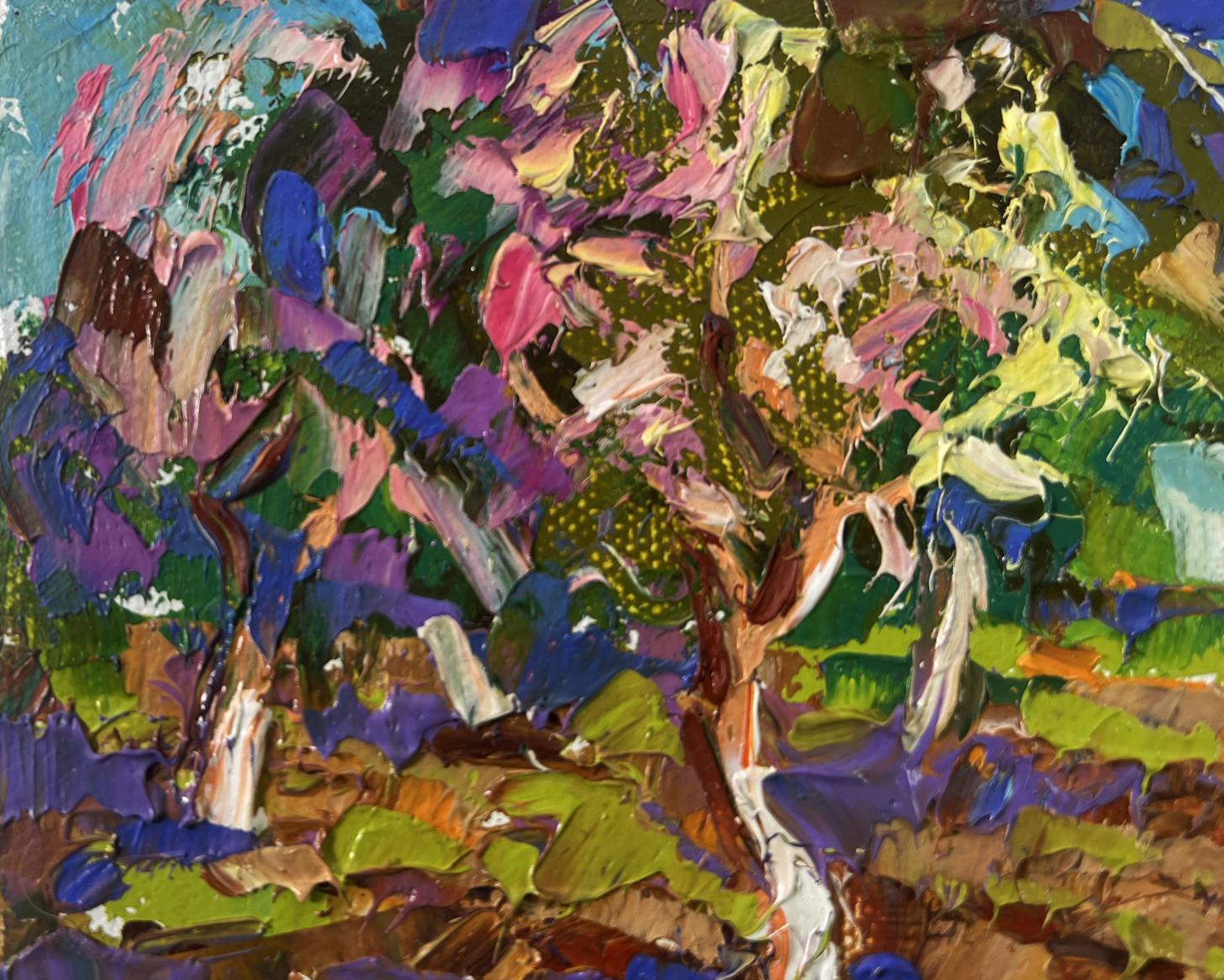 Vibrant impasto oil painting of tree by Oleksiy Ivanyuk, The sky is blue and the spring