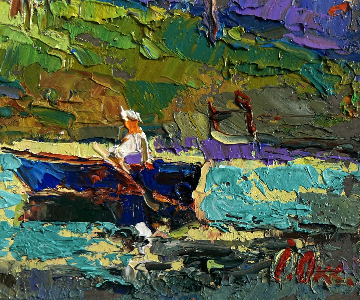 Oil painting Relaxation on the River by Oksana Ivanyuk, figure on blue boat