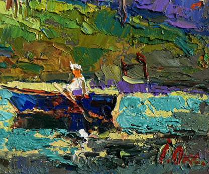 Oil painting Relaxation on the River by Oksana Ivanyuk, figure on blue boat