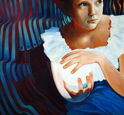 Oil painting Paramatma Konsta G. Amelinn: young girl in lace garment with glowing orb