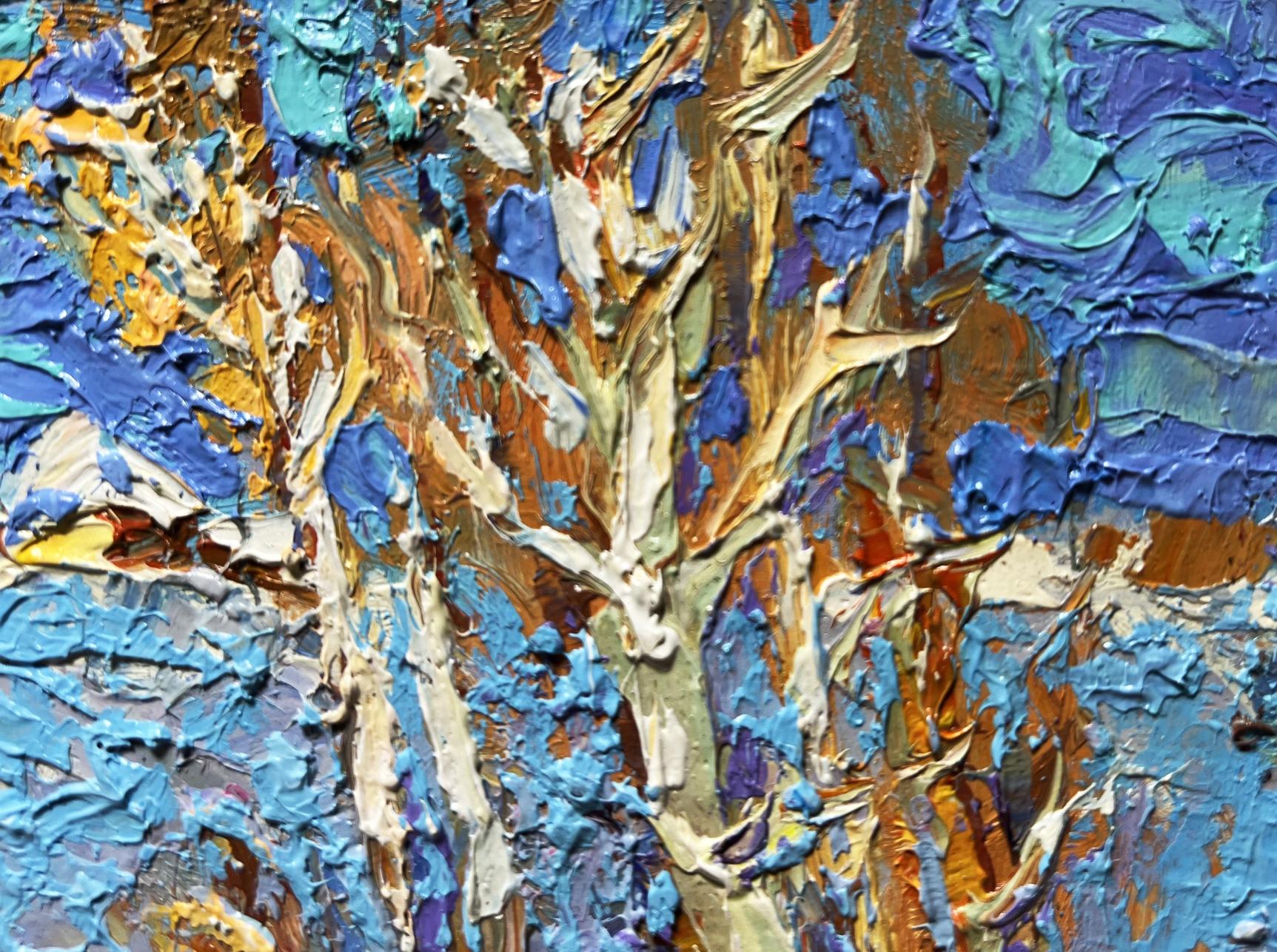 Oil painting Winter day Oksana Ivanyuk textured blue gold tree