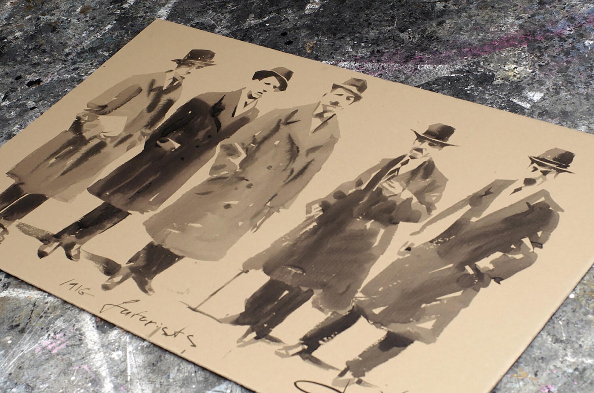 Sepia watercolor of 1915 Italian Futurists in Paris by Dima Filatov