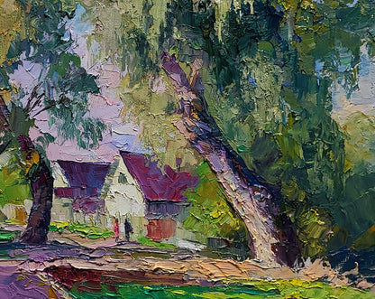 Oil painting Willows near the yard by Boris Serdyuk, vibrant impressionist cottage