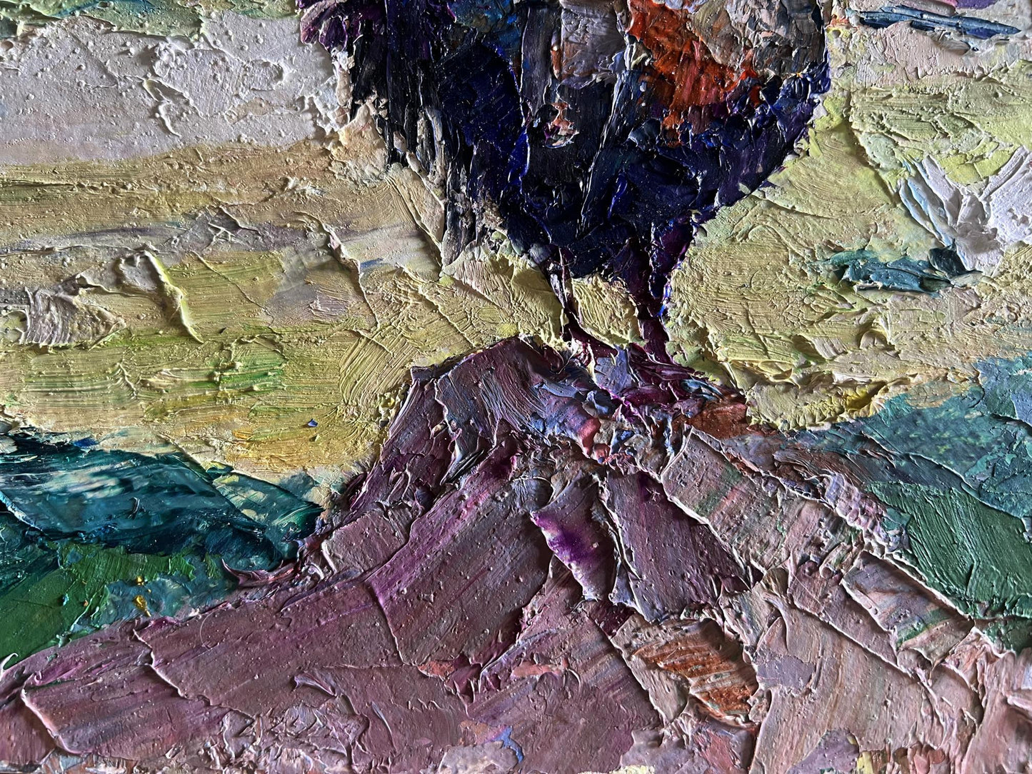 Oil painting Master of the Yard by Boris Serdyuk, impasto purple and blue strokes