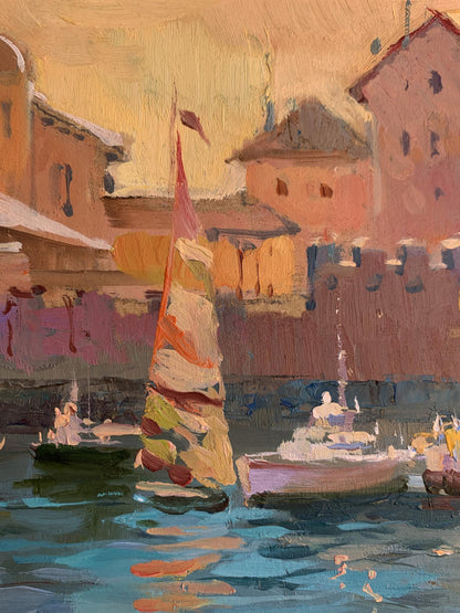 Oil painting Evening at the Yacht Club by Yuriy Suprunchuk sailboat scene