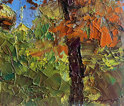 Impasto oil painting of trees with golden domes by Boris Serdyuk