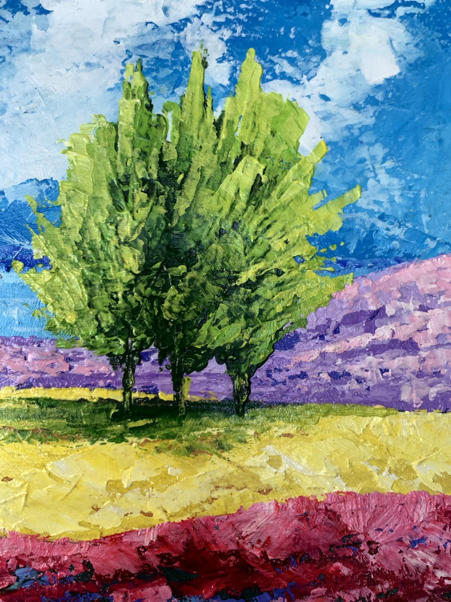Vibrant impressionist oil painting of mountain lake and three lush green trees by V. Zadorozhnya