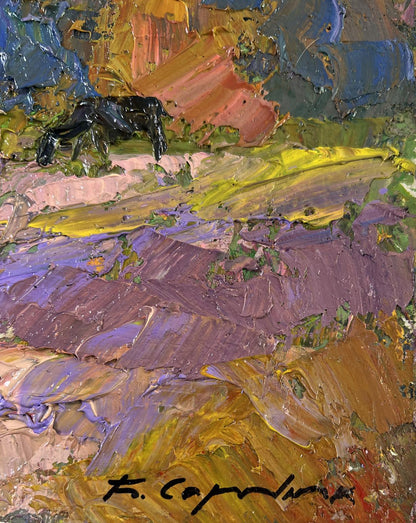 Oil painting Cows on the pasture by Boris Serdyuk with textured purple, yellow, blue brushstrokes and dark cow silhouette