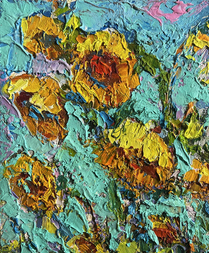 Vibrant yellow sunflowers oil painting in field by Oksana Ivanyuk