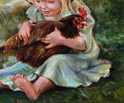 Oil painting Favorite Chicken by Natalia Bulat: girl cradling hen