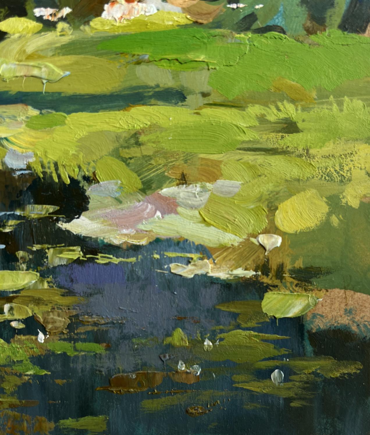 Textured oil painting of lily pads on dark water by Yuriy Suprunchuk